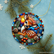 Cargar imagen en el visor de la galería, Charming Fawn in Snowy Sunset Ornament, Delightful Woodland Scene for Christmas Decor