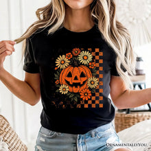 Cargar imagen en el visor de la galería, Checkered Floral Pumpkin T-Shirt, Retro Preppy Halloween Tee for Spooky Season Vibes