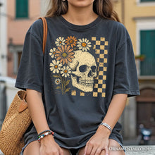 Cargar imagen en el visor de la galería, Checkered Floral Skeleton T-Shirt, Vintage Skull Daisy Halloween Tee