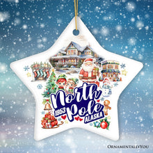 Cargar imagen en el visor de la galería, City of North Pole Alaska Artistic Christmas Ornament, Decorated Ceramic Souvenir with Santa and Elf Themes