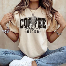 Cargar imagen en el visor de la galería, Coffee Makes Me Nicer Retro T-Shirt, Trendy White and Natural Tee for Stylish Women and Caffeine Lovers