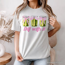 Load image into Gallery viewer, Coquette Dill With It Funny T-Shirt, Pink Bow Pickle Lover White Tee for Cute and Quirky Style Fans