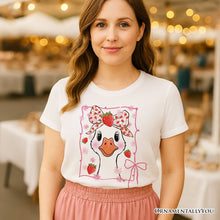 Cargar imagen en el visor de la galería, Coquette Goose with Strawberry Bow T-Shirt, Navy, Black and White Cute Tee