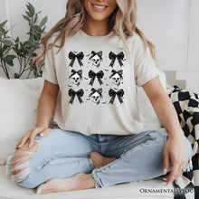 Cargar imagen en el visor de la galería, Coquette Skulls and Bows T-Shirt, Gothic Halloween Tee for Stylish Women
