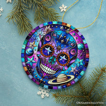 Load image into Gallery viewer, Cosmic Celestial Sugar Skull Ornament, Stellar Christmas Gift and Decor