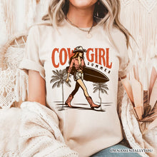 Load image into Gallery viewer, Cowgirl Summer Surf T-Shirt, Retro Western Beach White and Natural Tee for Free-Spirited Women