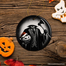 Load image into Gallery viewer, Creepy Headless Horseman And Pumpkin With Santa Hat Ornament, Horror Themed Christmas Decor for Halloween Tree