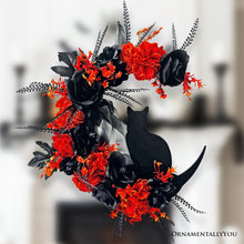 Load image into Gallery viewer, Crescent Moon Floral Black Cat Wreath, 20" Black and Orange Halloween Door Decoration