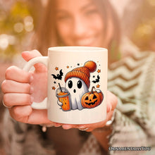 Carregar imagem no visualizador da galeria, Cute Ghost with Coffee Drink, Personalized Halloween Mug, Fun Boujee Gift with Custom Name
