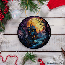 Load image into Gallery viewer, Eerie Abode Amidst Spooky Trees Stained Glass Style Ceramic Ornament, Halloween Themed Christmas Gift and Decor