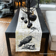 Carregar imagem no visualizador da galeria, Elegant 72" Gothic Jacquard Table Runner, Halloween Tablecloth with Spider Webs and Black Ravens