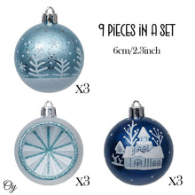 Load image into Gallery viewer, Elegant Blue Winter Theme Christmas Ornament Bundle, 9 Piece Snow and Tree Baubles