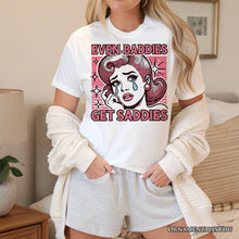 Carregar imagem no visualizador da galeria, Even Baddies Get Saddies T-Shirt, Retro Crying Girl Pop Art White Tee for Stylish and Emotional Women