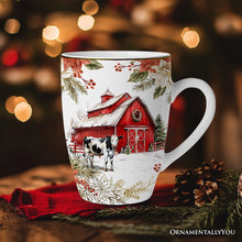 Carregar imagem no visualizador da galeria, Fancy Farmhouse Holiday Set of 4 Ceramic Mugs with Real Gold Trim, Rustic Christmas Kitchen Coffee Cup Decoration