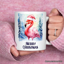 Carregar imagem no visualizador da galeria, Flamingo with Santa Hat Personalized Mug, Winter Forest Christmas Gift With Custom Name and Date