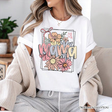 Cargar imagen en el visor de la galería, Floral Mama Coquette Bow Pastel T-Shirt, White and Natural Boho Tee With Spring Flower