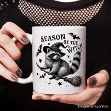 Carregar imagem no visualizador da galeria, Funny Racoon Witch with Broom Personalized Mug, Vintage Halloween Gift with Custom Name