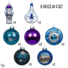 Carregar imagem no visualizador da galeria, Galactic Space Theme Glass Ornament Bundle, Purple Star Pattern Baubles, Astronaut, Spaceship, and UFO Decorations