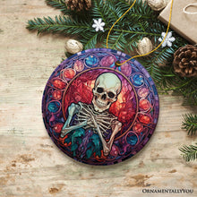 Load image into Gallery viewer, Ghastly Grins Haunted Halloween Skeleton Stained Glass Style Ceramic Ornament, Halloween Themed Christmas Gift
