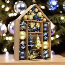 Carregar imagem no visualizador da galeria, Glam and Glittered Gold and Blue Elegant Christmas Ornament Set, 70 Assorted Balls, Trees, Snowflakes, and Royal Heart Pendants