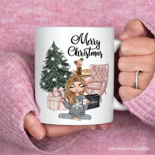 Carregar imagem no visualizador da galeria, Glamorous Girl Personalized Christmas Mug, Fashionista Teenager Shopping Addict Holiday Gift
