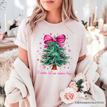 Load image into Gallery viewer, Glitter Christmas Tree Coquette Bow T‑Shirt, O Come Let Us Adore Him Holiday Tee