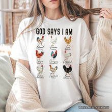 Carregar imagem no visualizador da galeria, God Says I Am Christian T-Shirt, Rooster and Chicken White Tee for Farm Style Lovers