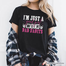 Carregar imagem no visualizador da galeria, Good Girl with Bad Habits T-Shirt, Grunge Pink and Skeleton Hands Navy, Black, and White Tee for Wild and Rebellious Women