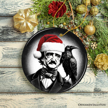 Carregar imagem no visualizador da galeria, Gothic Edgar Allan Poe with Santa Hat And Raven Ornament, Spooky Halloween Tree Christmas Decor