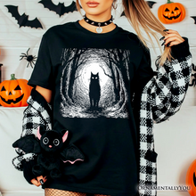 Carregar imagem no visualizador da galeria, Haunted Forest Black Cat T-Shirt, Spooky Halloween Night Tee