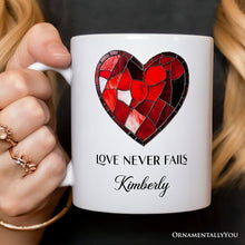 Carregar imagem no visualizador da galeria, Heart Stained Glass Personalized Mug, Love Never Fails Custom Names Gift