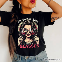 Carregar imagem no visualizador da galeria, I Need Glasses Funny Wine T-Shirt, Retro Glam Black Tee for Stylish and Witty Women