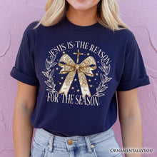 Carregar imagem no visualizador da galeria, Jesus Is the Reason Christmas T‑Shirt, Coquette Gold Bow Cross Tee for Faithful Women
