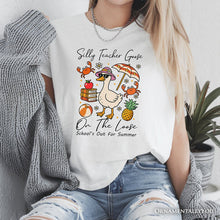 Carregar imagem no visualizador da galeria, Last Day Teacher Goose T-Shirt, Tropical Summer Break Navy, White, and Natural Tee for Fun and Quirky Educators