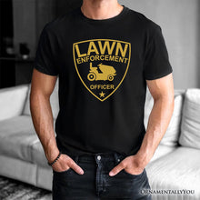 Carregar imagem no visualizador da galeria, Lawn Enforcement Officer T-Shirt, Funny Badge Style Navy and Black Tee for Lawn Mower Gardener Dad
