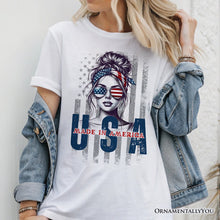 Carregar imagem no visualizador da galeria, Made in America Messy Bun T-Shirt, Retro 4th of July White Patriotic Tee