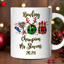 Carregar imagem no visualizador da galeria, Personalized Mug Bowling Buffalo Plaid Christmas, Ball Pins and Trophy