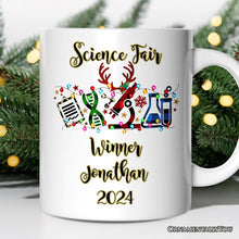 Carregar imagem no visualizador da galeria, Personalized Mug Science Buffalo Plaid Christmas, Gift for Scientist or Researcher, Lab Tools like Flasks and Microscope
