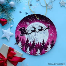 Carregar imagem no visualizador da galeria, Moonlit Santa Silhouette Pink Themed Ornament, Enchanted Night Sky for Holiday Decor