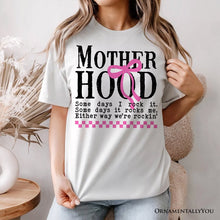 Carregar imagem no visualizador da galeria, Motherhood Coquette Pink Bow T-Shirt, Retro Checkered White Tee for Sassy and Stylish Moms
