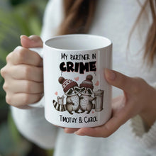 Carregar imagem no visualizador da galeria, My Partner in Crime Love Racoons Personalized Mug For Couple, Funny Vintage Retro Gift With Custom Names
