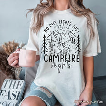 Carregar imagem no visualizador da galeria, No City Lights Just Campfire Nights T-Shirt, White and Natural Camping Tee for Stargazing Campers