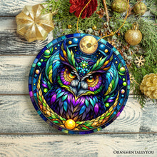 Carregar imagem no visualizador da galeria, Nocturnal Enchanter Mysterious Owl Stained Glass Style Ceramic Ornament, Halloween Themed Christmas Gift and Decor
