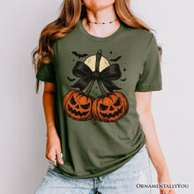Carregar imagem no visualizador da galeria, Pumpkin Cherries Coquette Bow T-Shirt, Retro Halloween Fall Season Tee for Sweet Autumn Girls