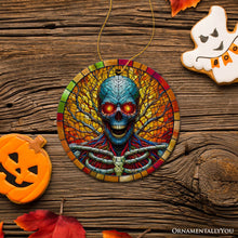 Carregar imagem no visualizador da galeria, Red-Eyed Skeleton for Halloween Frights Stained Glass Style Ceramic Ornament, Halloween Themed Christmas Gift