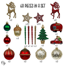 Carregar imagem no visualizador da galeria, Rustic Christmas Adventure Ornament Bauble 60 Piece Set, Camping Truck, Acorns, Woods Theme