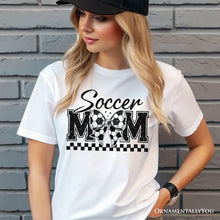 Load image into Gallery viewer, Soccer Mom Coquette Bow Retro T-Shirt, Stylish Game Day White Tee for Trendy and Proud Sports Mothers