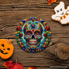 Carregar imagem no visualizador da galeria, Sugar Skull Stained Glass Themed Ceramic Ornament, Day of the Dead Mexican Christmas Gift