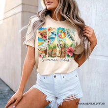 Carregar imagem no visualizador da galeria, Summer Vibes T-Shirt, White and Natural Beach Tee with Coconut and Flowers