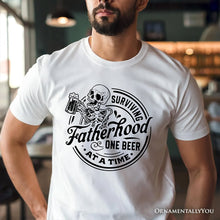 Load image into Gallery viewer, Surviving Fatherhood Skeleton Beer T-Shirt, White Vintage Tee for Tired and Hilarious Dads